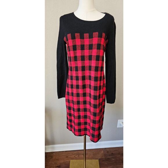 Talbots Red Black Buffalo Check Lambs Wool Shift‎ Sweater Dress Medium Petite MP - Picture 1 of 6